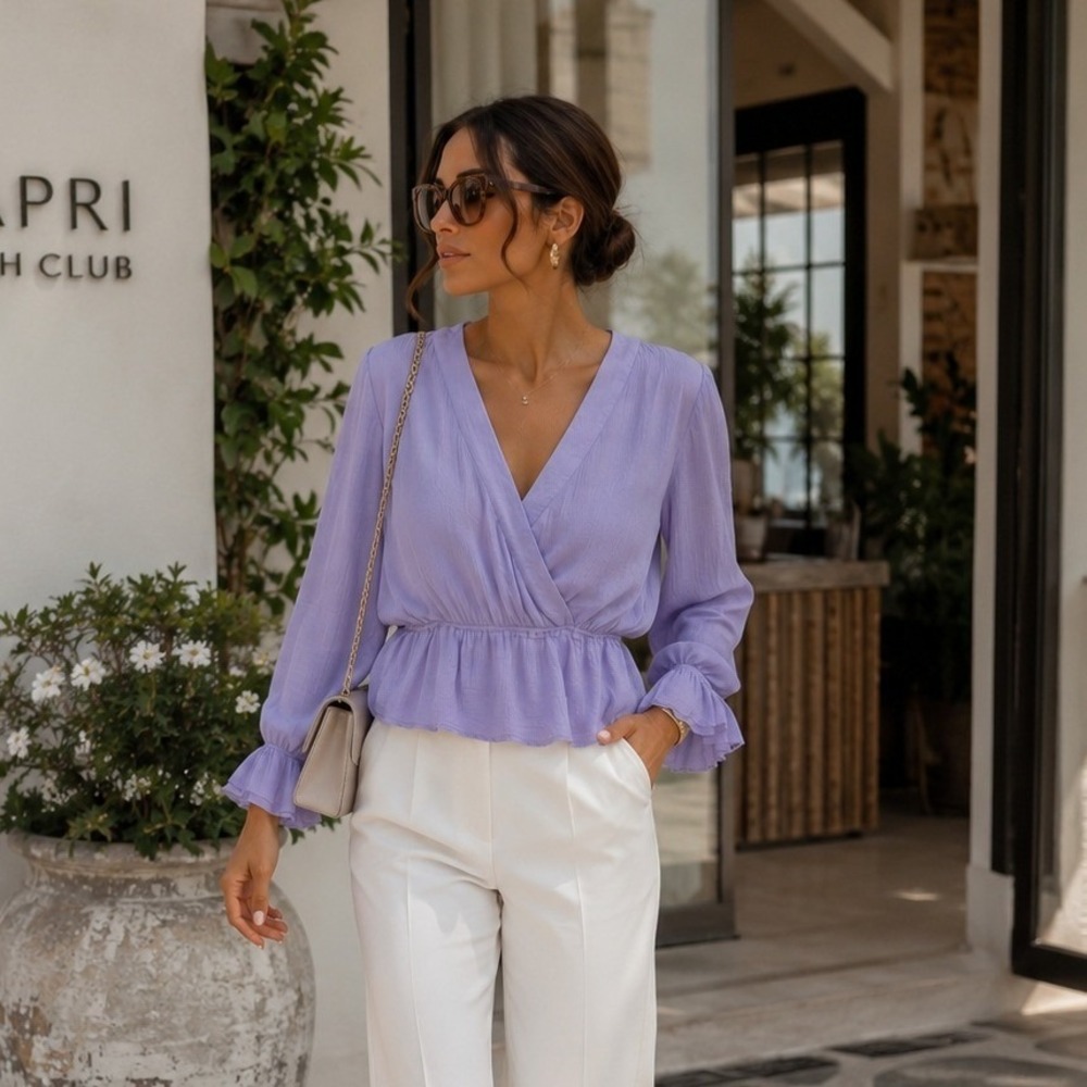 Ava & Viv Women 2X Purple Wrap Peplum Blouse Long Sleeve Ruffle 100%Rayon Top